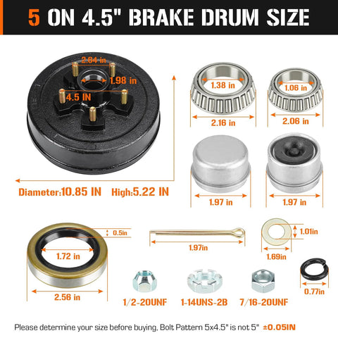 Trailer brake drum kit, 5 on 4.5 in bolt circle; front view shows 10.85 in drum diameter, bearings, seals, cotter pin.