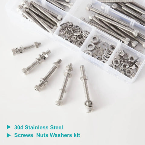 M6 Stainless Steel 304 Hex Socket Head Cap Screw And Bolt Assortment With Nuts And Lock Washers Heavy Duty Metric Allen Drive Hardware Set For Garage Projects And Boss Level Repairs kit with bolts, screws, and washers.