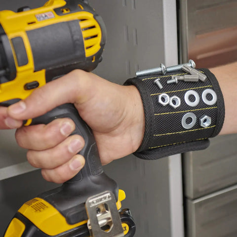 Magnetic Wristband For Tools With Fifteen Strong Magnets And Breathable Mesh Keeps Nuts, Bolts, And Screws Handy On The Job Ideal Father Gift Durable Wrist Belt For Tools And Small Metal Fasteners showing nuts and bolts attached.