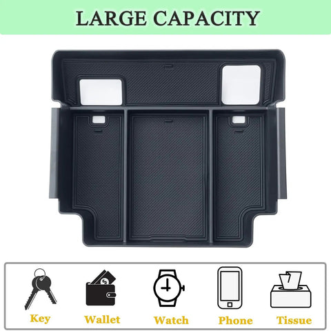 Full Center Console Organizer With Wireless Charging For 2022 2023 2024 2025 2026 Chevy Silverado And GMC Sierra 1500 2500HD 3500HD Crew Cab Fits Bucket Seats Only Keeps Phones Cables And Gear Neat Within Reach displayed with large capacity slots for keys, wallet, and phone.
