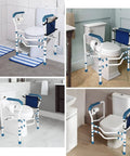 Adjustable Toilet Safety Frame And Rail With Handles And Storage Pocket, blue, shown in four bathrooms, free standing design.