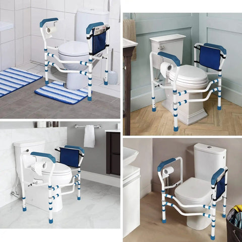 Adjustable Toilet Safety Frame And Rail With Handles And Storage Pocket, blue, shown in four bathrooms, free standing design.