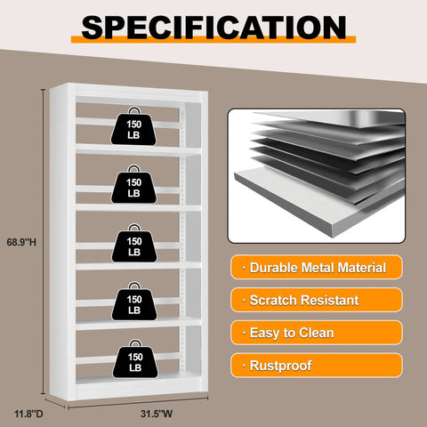 Beefy 5-Tier Metal Bookshelf With Adjustable Shelves, 69 Inch Tall, White Powder-Coated Steel, weight capacity detail