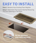 Image showing installation steps for Built Tough Heavy Duty 4 By 10 Floor Register In Brown Steel Walkable Floor Vent with measurements.