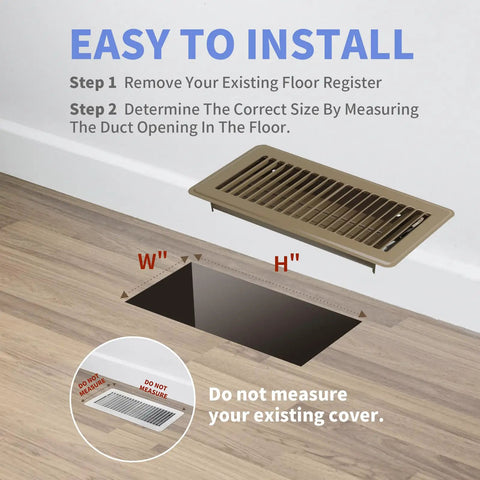 Image showing installation steps for Built Tough Heavy Duty 4 By 10 Floor Register In Brown Steel Walkable Floor Vent with measurements.