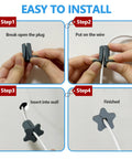 Installation guide for Four Pack Five Eighth Inch Wall Grommets For Starlink Mini Cable showing steps to insert cable in grey grommet.