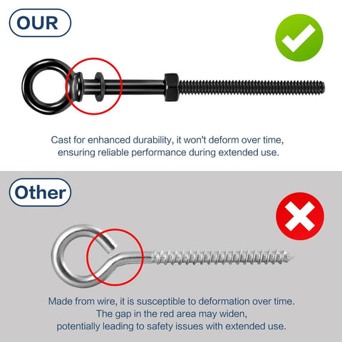 Comparison of 5 Pack Black Titanium Shoulder Eye Bolts One Quarter Inch By Four Inch Shank T316 Stainless Steel with wire eye bolt.