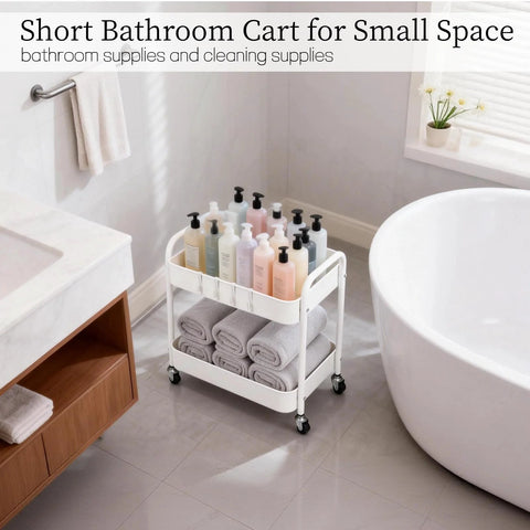 Two Tier Under Desk Storage Cart On Wheels With Built In Handle And Four Side Hooks, with towels and toiletries in bathroom setting