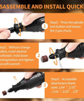GOXAWEE rotary tool kit with keyless chuck and flex shaft; black handheld tool with orange instructional panels