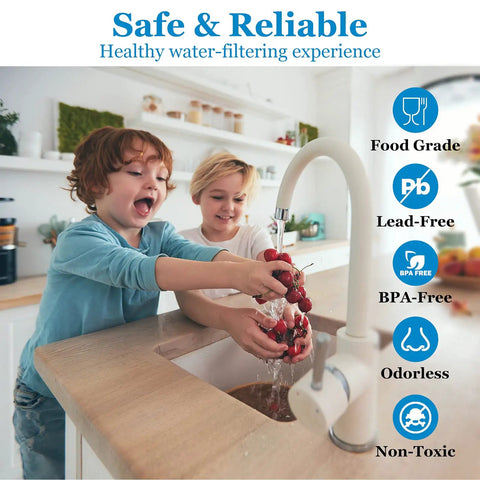 Children washing strawberries under filtered tap in kitchen, highlighting Combo Pack FX12P FX12M Or TFM-24 Water Filter Replacement Kit benefits
