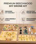 Wooden RC Drone Kit For Beginner Friendly Hobbyists, Beechwood Quadcopter parts and tools for DIY assembly on table.