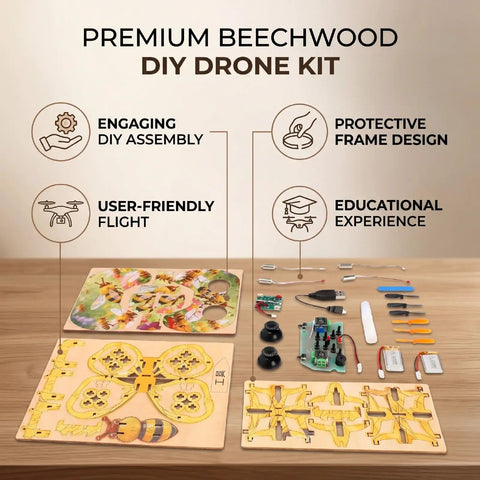 Wooden RC Drone Kit For Beginner Friendly Hobbyists, Beechwood Quadcopter parts and tools for DIY assembly on table.
