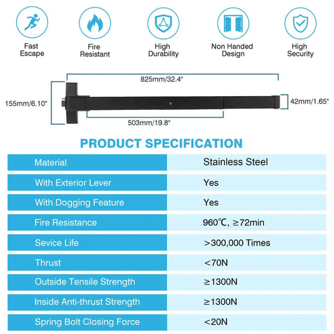 Stainless Steel Door Push Bar Panic Exit Device With Handle Lever Black 32 Inch Heavy Duty Panic Hardware specification chart.