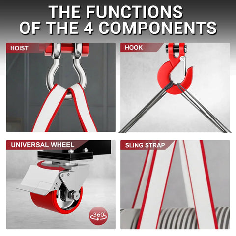 3 Ton Portable Gantry Crane components: hoist, hook, universal wheel, sling strap; industrial use in factory, warehouse, auto shop