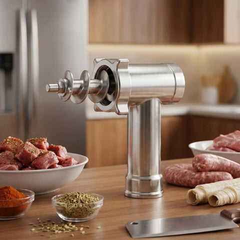 Electric Meat Grinder Replacement Parts Aluminum Alloy Grinder Tube For Home Kitchen Sturdy Meat Mincer Spare Tool Kit To Speed Up Grinding And Make Sausage Like A Pro. Aluminum meat grinder tube with auger on kitchen counter
