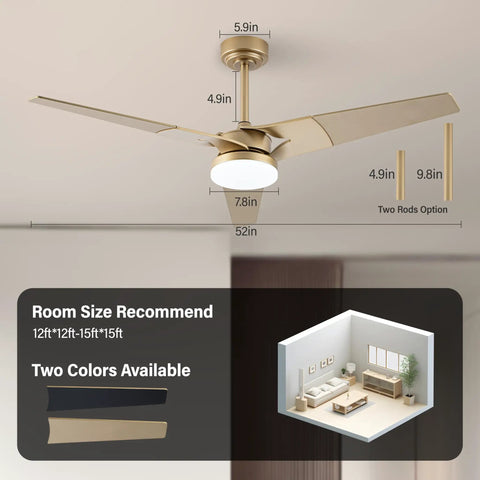 52 Inch Outdoor Wood Ceiling Fan With Lights And Remote, app control, timer, reversible, stepless brightness, gold finish, six blade design