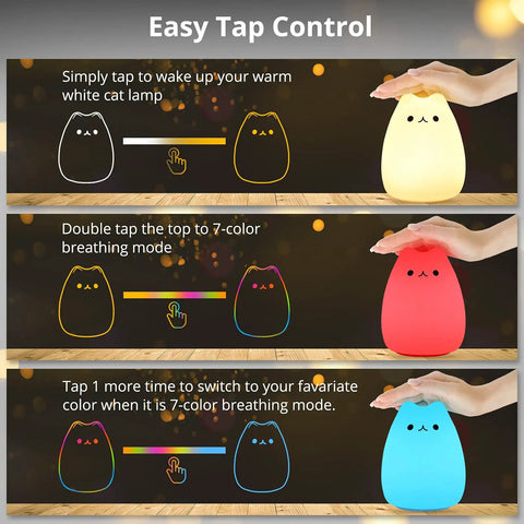 Super Cute Cat Lamp Night Light For Kids Bedroom And Baby Silicone Kitty Nightlight Tap Control 6 Inch BPA Free display