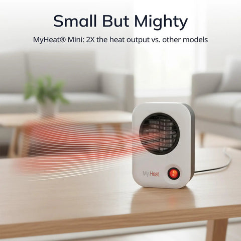 MyHeat Personal Space Heater Under Desk, Compact White, 200 Watt Office Foot Warmer on wooden table emitting heat