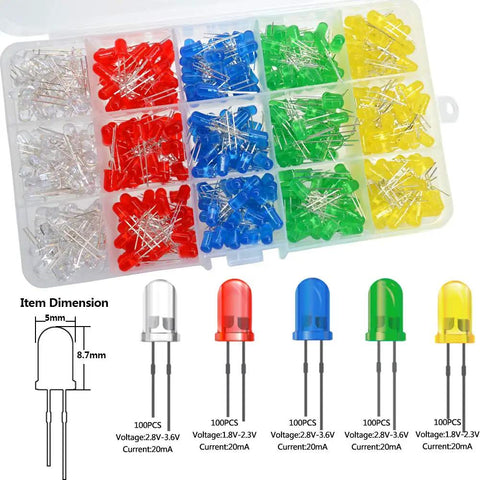 500 Pack 5mm LED Light Emitting Diodes Assortment Kit For DIYers Low Voltage Diffused Diodes For PCB Circuits And Indicator Lights Great For Arduino Projects And Prototyping
