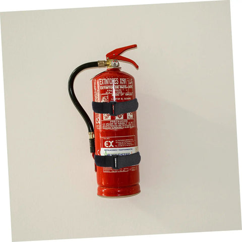 Red fire extinguisher mounted with black stretch fabric straps on a white wall, part of 20 Pack Black Stretch Fabric Fire Extinguisher Mounting Straps For Hose And Vehicle Use Easy Install Durable Fixing Straps Multipurpose Secure Mounts For Powder Fire Extinguishers In Cars Trucks And Home Garages
