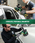 People using the P10 Cordless Buffer Polisher With Brushless Motor, 20V, 6 Speeds, on car and boat surfaces for detailing.