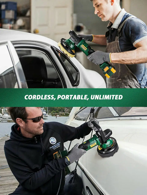 People using the P10 Cordless Buffer Polisher With Brushless Motor, 20V, 6 Speeds, on car and boat surfaces for detailing.