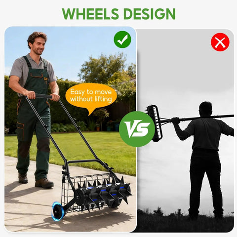 Person using 2 In 1 Rolling Lawn Aerator And Roller With Removable Gear Spikes for easy lawn aeration and leveling