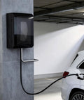 Outdoor EV Charger Box With Cable Organizer and Waterproof Dustproof Enclosure on garage wall charging a vehicle