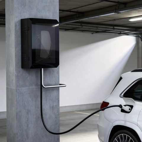 Outdoor EV Charger Box With Cable Organizer and Waterproof Dustproof Enclosure on garage wall charging a vehicle