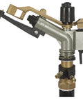 Close-up of metal 1 inch head with 3 nozzles on Wheeled Sprinkler With 1 Inch Head And 3 Nozzles For Big Yard Coverage 120 Foot Diameter Reaches 11,000 Sq Ft 7 To 14 GPM Adjustable Full Or Partial Circle 8 Inch Solid Rubber Tires For Lawn Garden Farm.