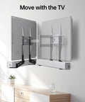 Rock Solid Soundbar Mount Bracket Adjustable Above Or Under TV No Sweat Install Detachable Extension Plates in use behind TV.