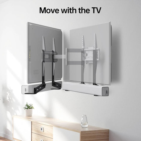 Rock Solid Soundbar Mount Bracket Adjustable Above Or Under TV No Sweat Install Detachable Extension Plates in use behind TV.