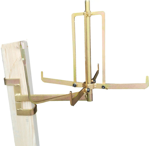 Folding Wire Spool Rack for Floor or Stud Mounting installed, steel cable organizer for Romex wires, mounted on a wooden stud