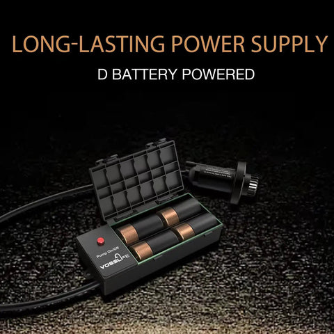 Portable Camping Shower Pump Powered By Four D Batteries, showcasing battery compartment and long-lasting power supply.