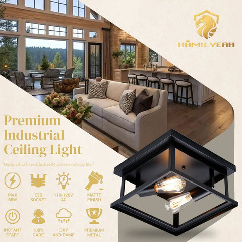 Black Two Light Farmhouse Flush Mount Ceiling Light Fixture For Kitchen And Bedroom And Hallway Porch Patio Outdoor Use Cozy Rustic Industrial Vibe With Durable Metal Construction