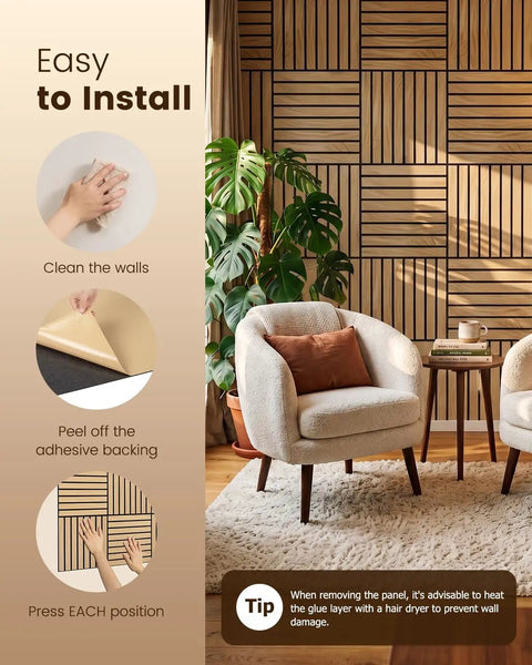 Heavy Duty Peel And Stick Acoustic Wall Tiles 12 Pack Sound Absorbing Panels 12 X 12 Inch mounted on a modern living room wall.