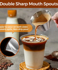 Two Pack Stainless Steel Espresso Cups With Handle, Double Spout Measuring Cup With Dual Scale, pouring milk into coffee