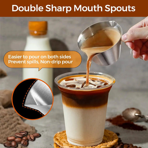 Two Pack Stainless Steel Espresso Cups With Handle, Double Spout Measuring Cup With Dual Scale, pouring milk into coffee