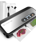 Powerful 90KPa 8-in-1 Food Vacuum Sealer with built-in cutter, bag storage, sealing steak and asparagus in kitchen; silver finish