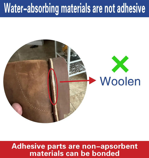 Close-up of a woolen shoe part labeled non-adhesive due to water absorption, unsuitable for Two In One Shoe Glue With Brush And Nozzle.
