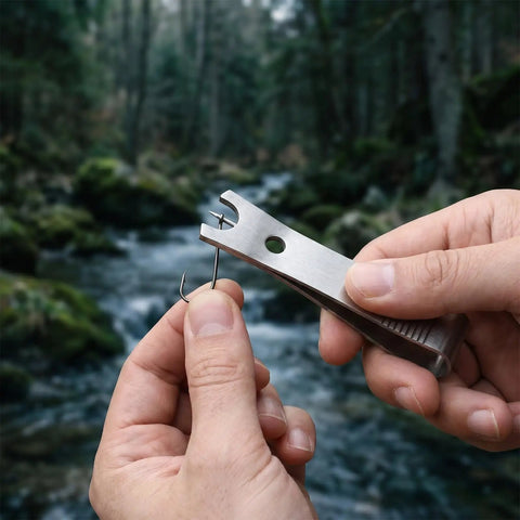 Three Pack Fly Fishing Line Cutter Nippers With Hook Eye Cleaner Stainless Steel Multi Purpose Line Scissors For Braid And Mono Everyday Tackle Must Have Easy Clip And Trim Tool Set, 52mm, stainless steel, hook eye cleaner in use