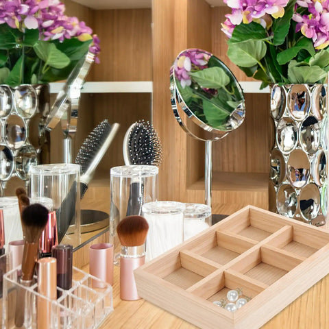 Six Compartment Pine Wood Jewelry Tray, Rustic Desktop Catch All For Rings And Necklaces, Chic Divided Organizer on a vanity.