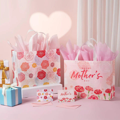 Two Pack 13 Inch Large Mothers Day Gift Bags With Handles, Reusable Nonwoven Floral Gift Bags With Cards, Comes With Tissue Paper