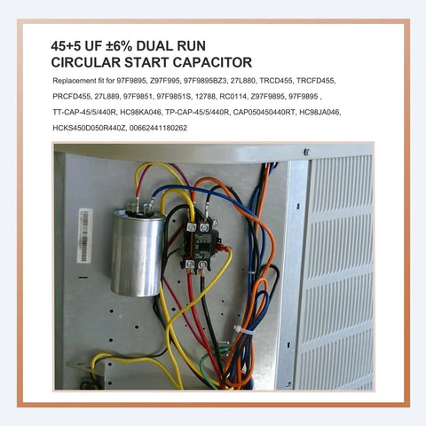 Beefy 45 Slash 5 Microfarad Start Capacitor 45 Slash 5 MFD With 6 Percent Tolerance 370V 440VAC CBB65 installed in HVAC system