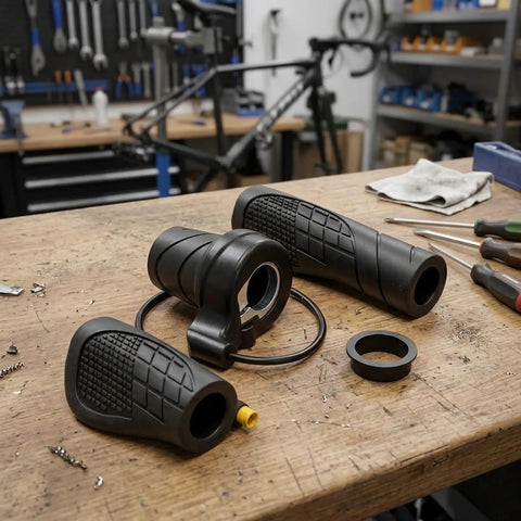 Upgrade Your E-Bike Ride With This 20X Half Turn Throttle Grip Featuring Cool M8 Head Design And Slick Anti-Slip Texture For Nail-It Precision Control Smooth Power Delivery Guaranteed. Black half-turn e-bike throttle grip with M8 head and textured rubber on a workbench.