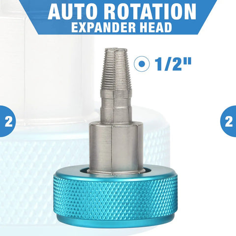 PEX Expansion Tool Kit With Auto Rotate Expander For One Half Inch Tubing head, blue and silver design