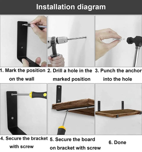 Installation diagram for Knockout Heavy Duty Shelf Brackets For Floating Shelves Built Like A Tank With Solid As A Rock Iron Design Slick Industrial Wall Mount Brackets Black.