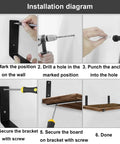 Installation diagram for Badass Heavy Duty Folding J Shelf Brackets With Front Lip for DIY Open Shelving.