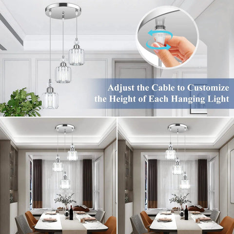 Modern Three Light Crystal Cluster Pendant Chandelier For Kitchen Island Dining Room Table Adjustable Hanging Lights