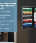 Built Tough Wall Mount Key Lock Box With 100 Numbered Hooks For Secure Office And Business Use Steel Combo Key Cabinet with open door showing 100 keys.